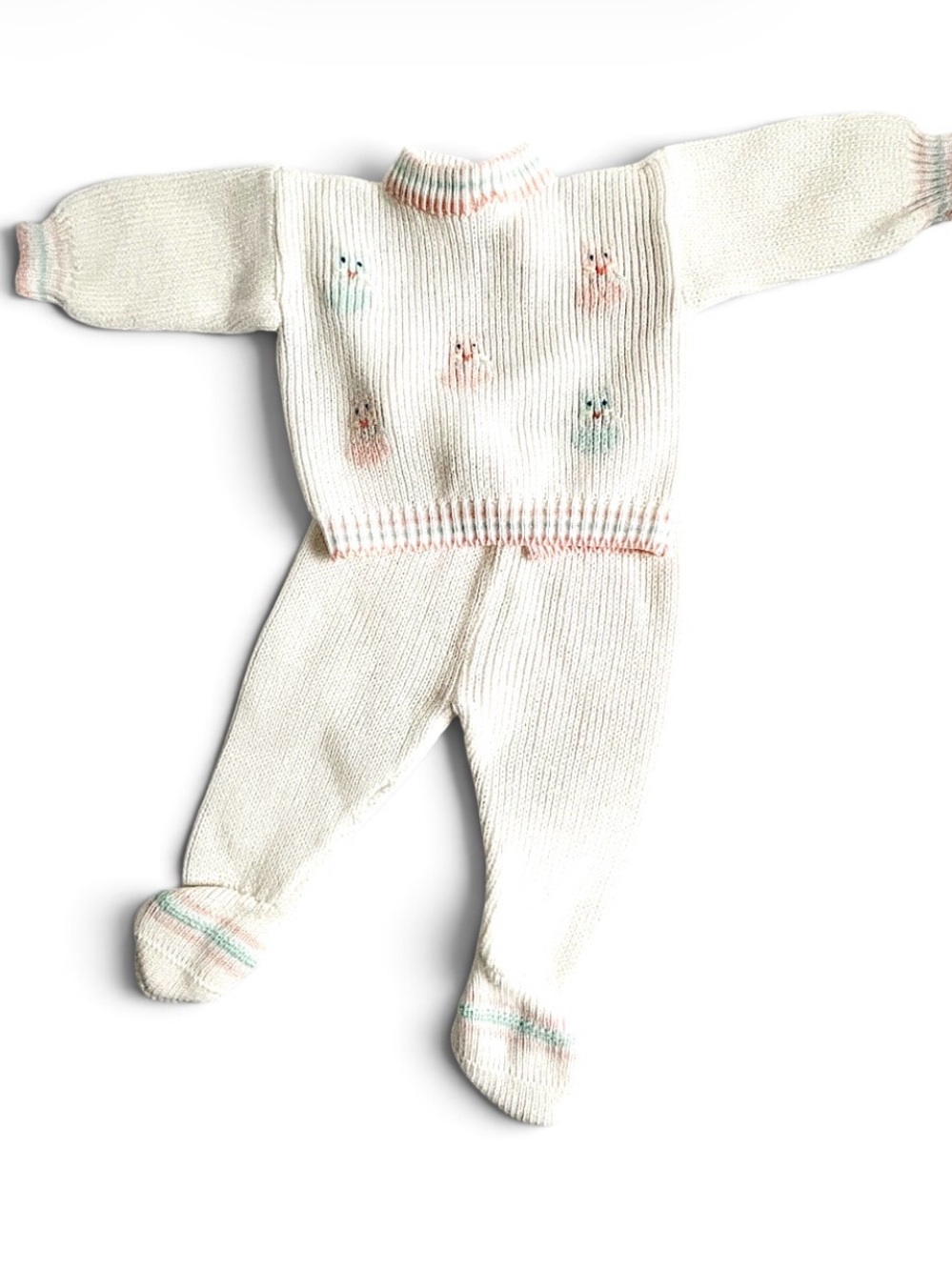 VINTAGE 80s Outfit Set Sweater Shirt Pants Footies Long Knit Bunny Pink Blue